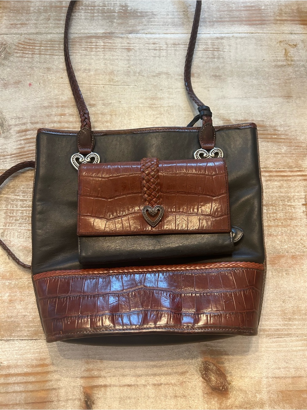 Brighton Black and Dark Brown Shoulder Tote with Croc Accents